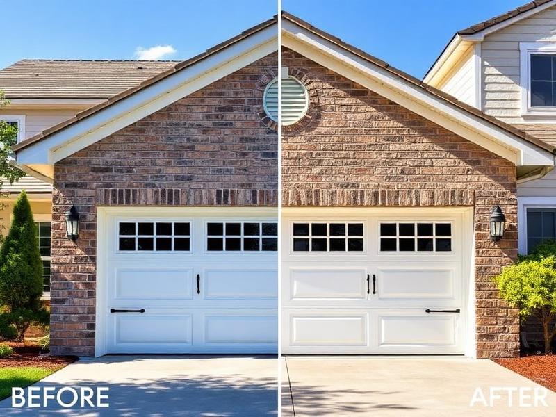 Before and after garage door transformation with white carriage door